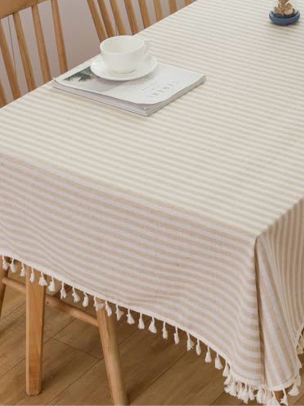 Beige and White Striped Tassel Tablecloth - Casual Dining Essential